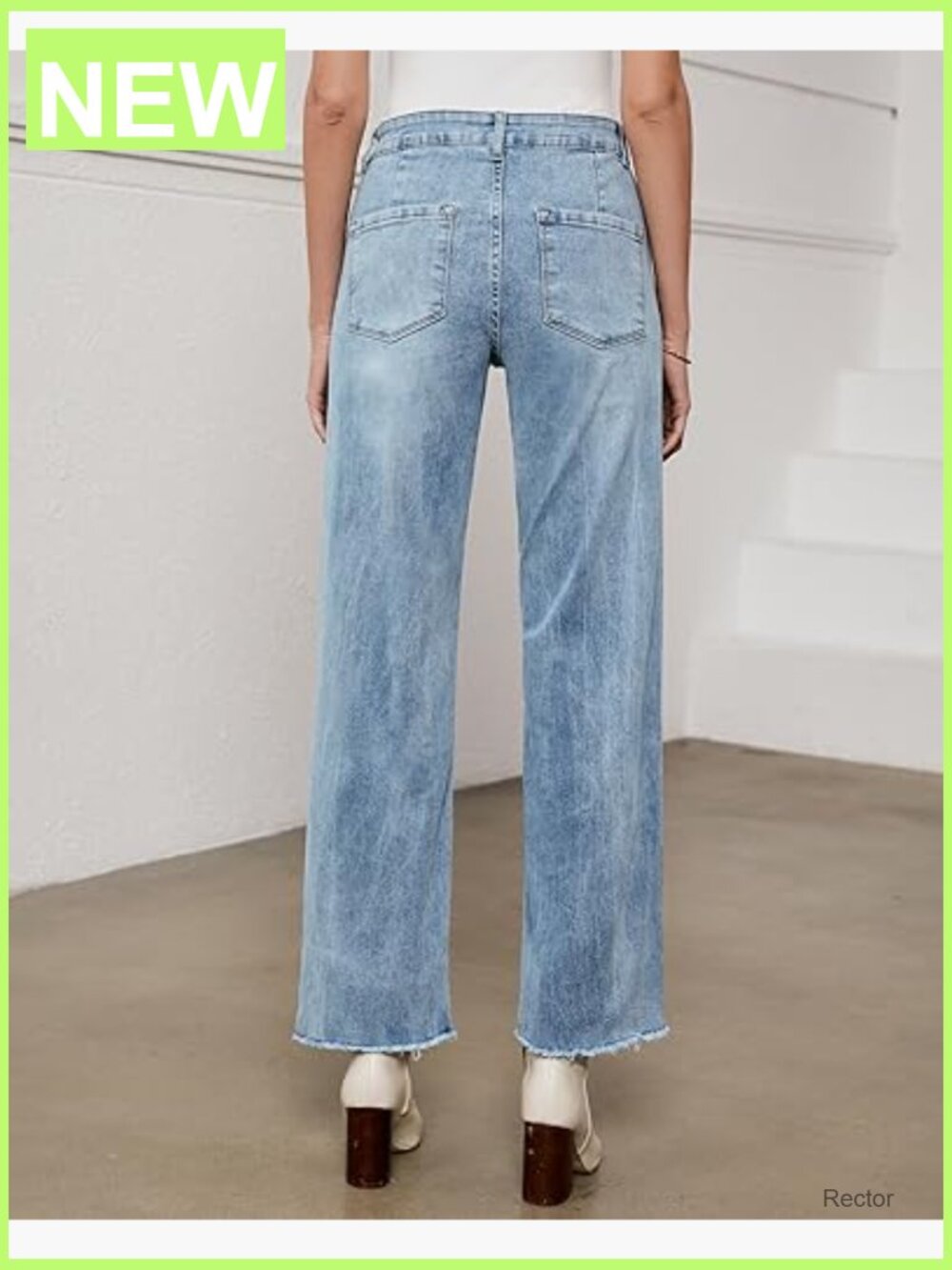 High Waisted Straight Leg Jeans Stretchy Frayed Hem Casual Denim Pants - Picture 3 of 7
